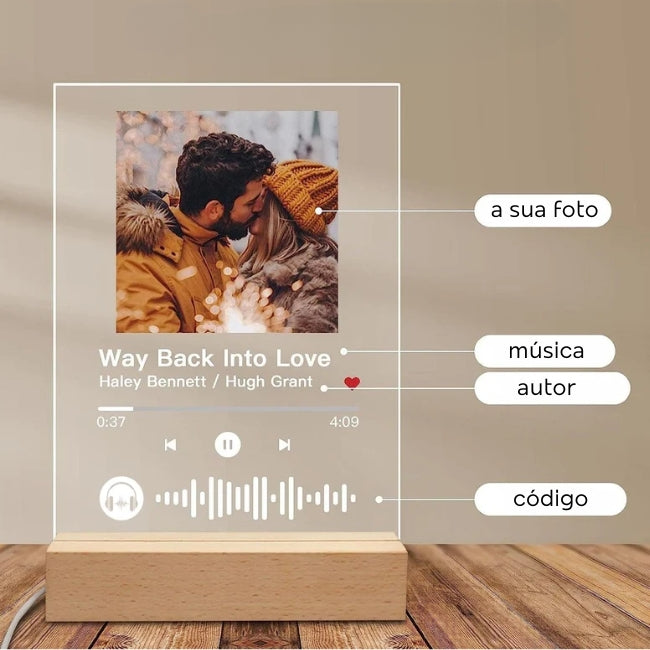 Placa de Acrílico Spotify Personalizada com iluminação LED, foto e detalhes da música - Presente único e emocional