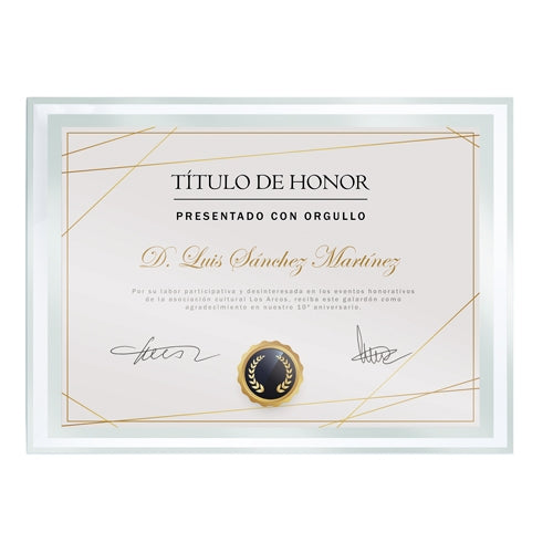 MOLDURA EM VIDRO PARA DIPLOMA A5 "BISELA"