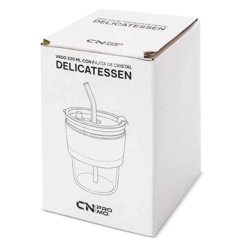 COPO 330 ML COM CANUDO DE VIDRO "DELICATESSEN"